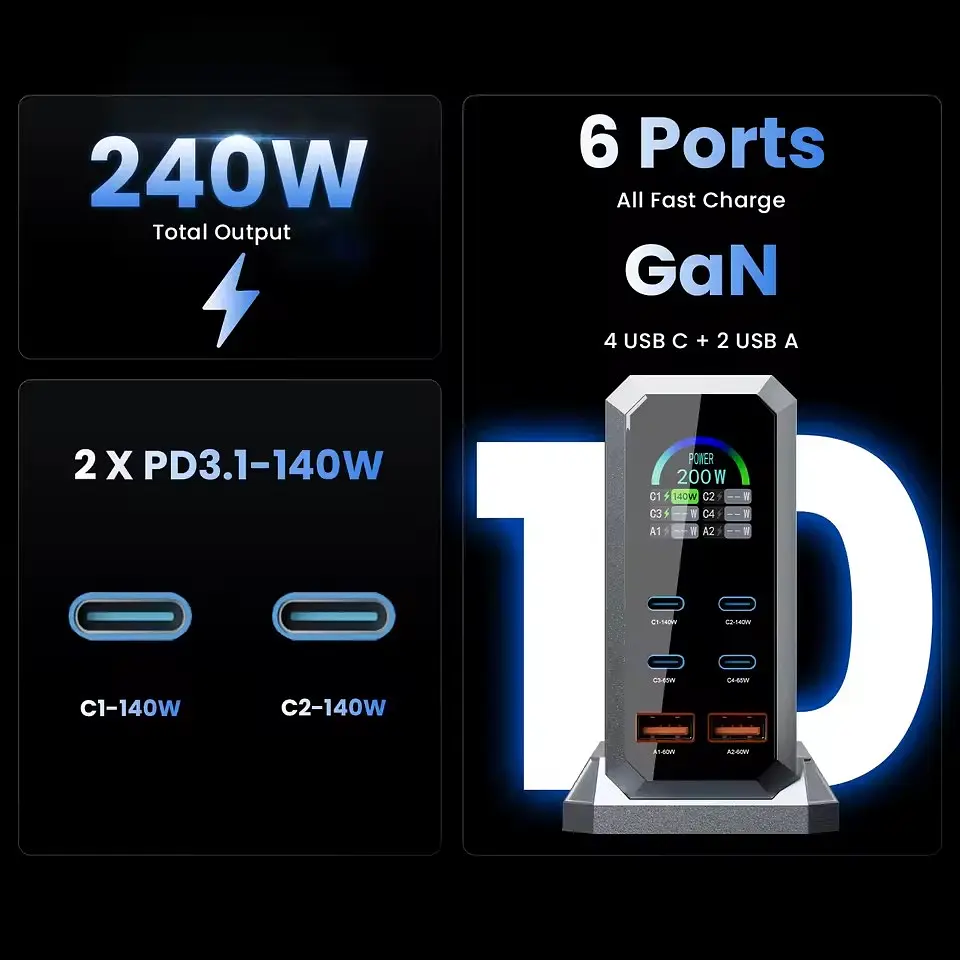 Зарядний адаптер - станція хаб живлення Asometech HW186 6-в-1 GaN 240W USB Type-C 6 портів - фото 3