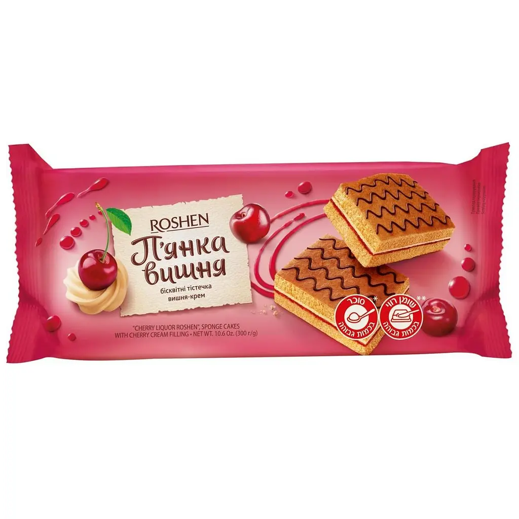 Упаковка бісквітів Roshen П'янка вишня 300 г х 9 шт
