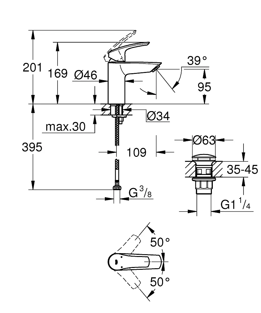 Змішувач для умивальника S-Size + натискний донний клапан Grohe Eurosmart New 23922003 Хром - фото 4