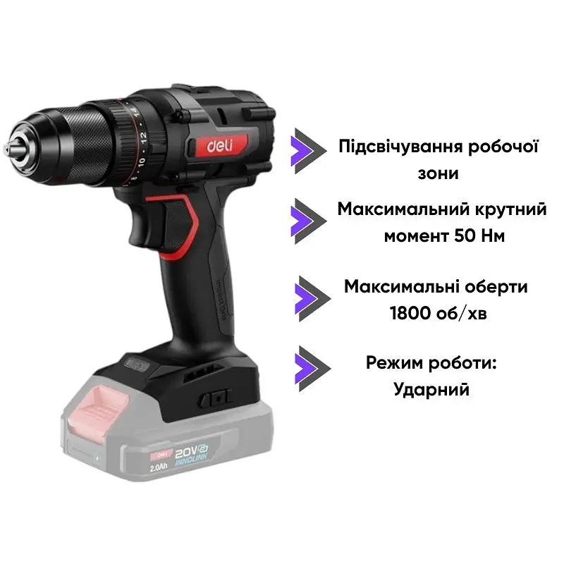Акумуляторний ударний шуруповерт 10мм 50 Нм DE-CZ20-2 - фото 6