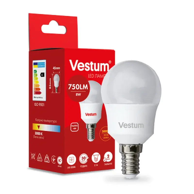 Лампочка Vestum LED G45 8W 3000K 220V E14 (1-VS-1212) - фото 2