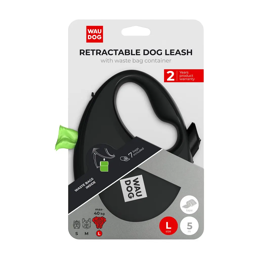 Повідець для собак WAUDOG R-leash з контейнером для пакетів L до 40 кг 5 м чорний (26291) - фото 5