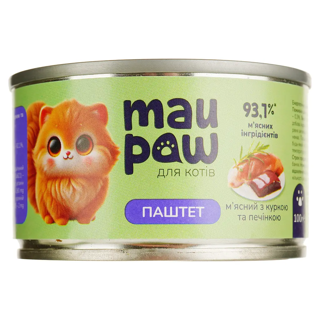 Набір вологого корму для дорослих котів MAU PAW паштет з куркою та печінкою консервований 5 шт. х 100 г  + подарунок Вологий корм для дорослих котів MAU PAW паштет з індичкою 1 шт. х 100 г - фото 2