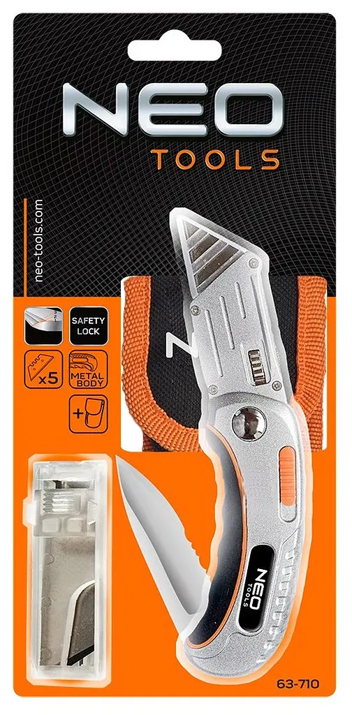 Neo Tools Ніж складаний, 2 наконечники, 5 трапецієподібних лез у наборі, чохол - фото 6