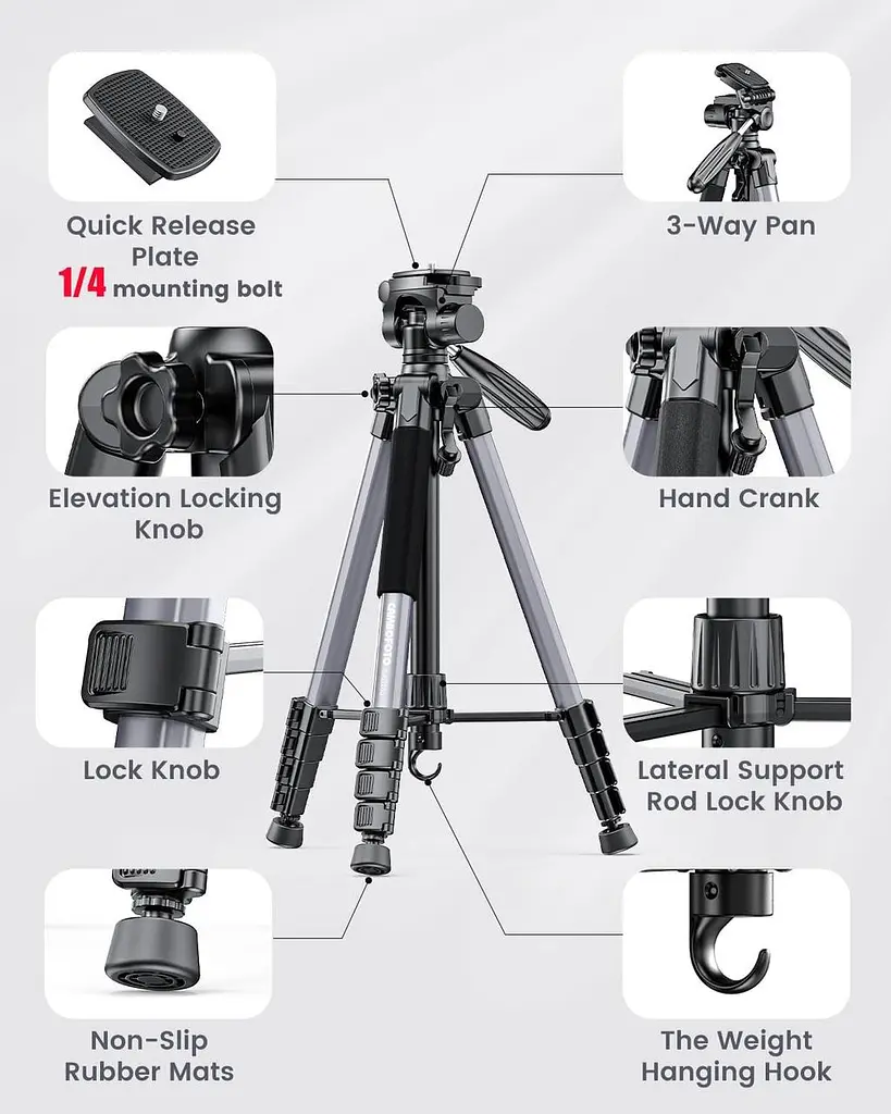 CAMBOFOTO 74"-Camera-Tripod, професійний алюмінієвий штатив/підставка для ніг Бездзеркальна камера/DSLR/Мобільний телефон - фото 3