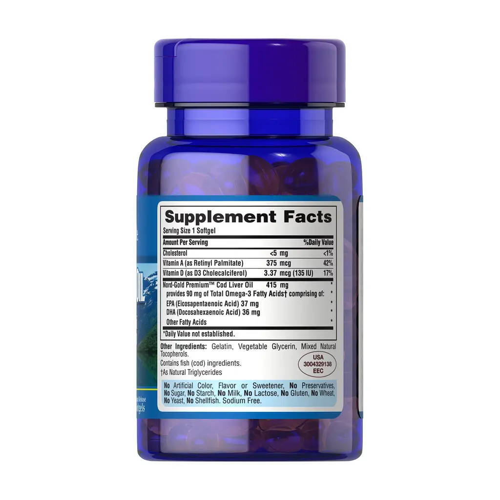 Олія печінки тріски Puritans Pride Cod Liver Oil 415 мг 100 softgels - фото 3