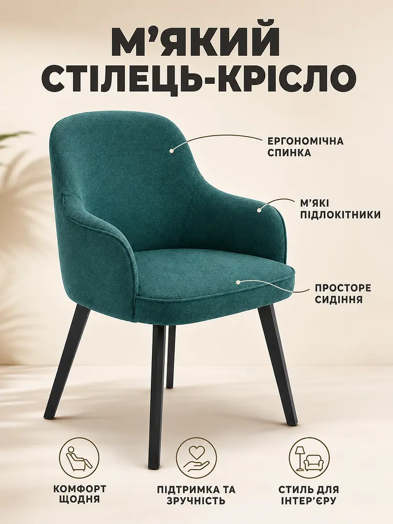 М’який стілець-крісло з підлокітниками Ріо база 81×57 см на металевих ніжках до 200 кг, смарагдовий (49676258) - фото 2