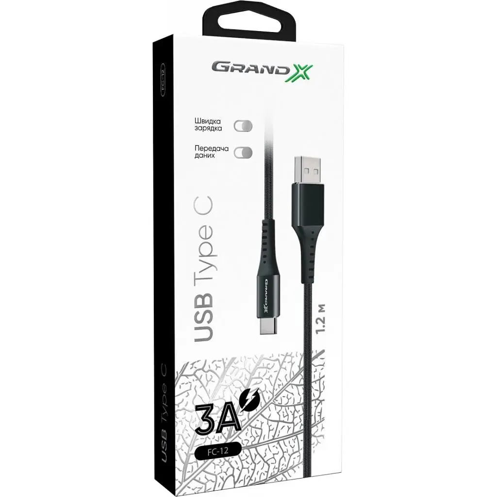 Дата кабель USB 2.0 AM to Type-C 1.2m Black Grand-X (FC-12B) - фото 4