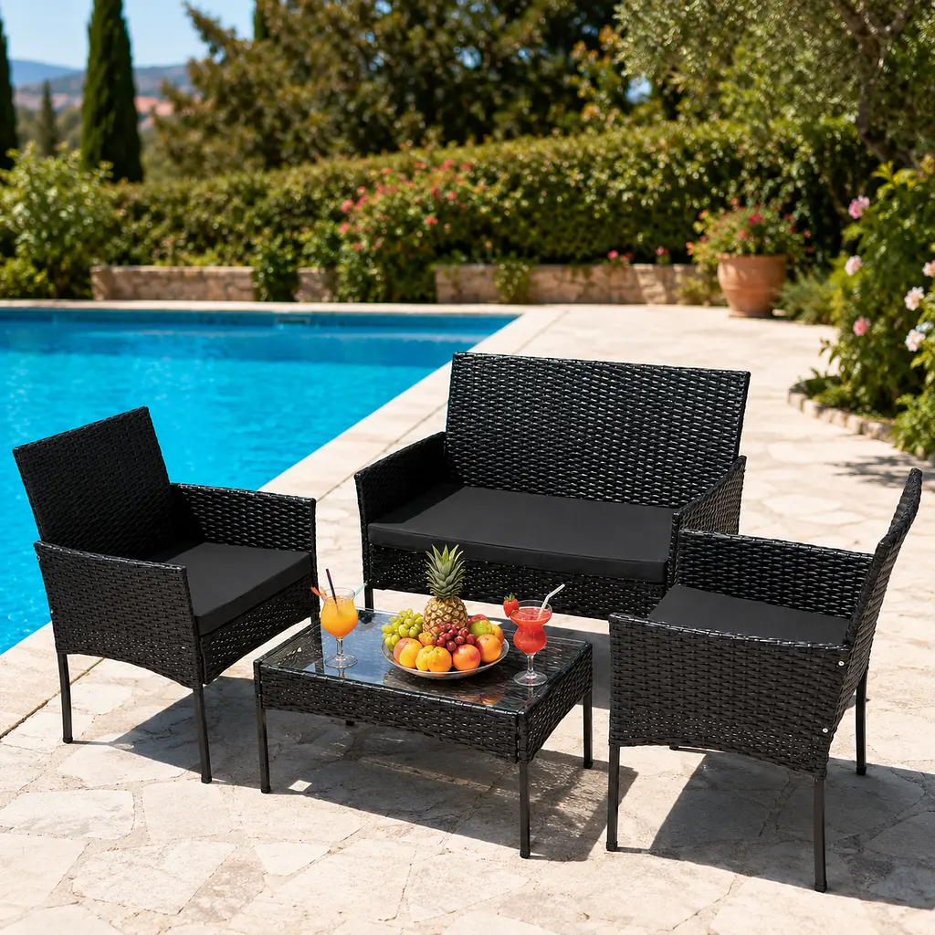 Комплект садових меблів з ротангу Primaveo TREVISO (диван + 2 крісла + столик) з м'якими подушками, Чорний (Польща) - фото 5