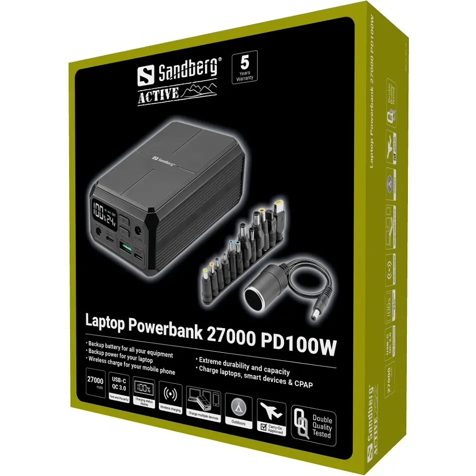 УМБ Sandberg 27000mAh Laptop DC12–24v 84W,100W PD, QC3.0, USB-A, 2xDC, 2xUSB-C, QI-10W, PowerThru - фото 8