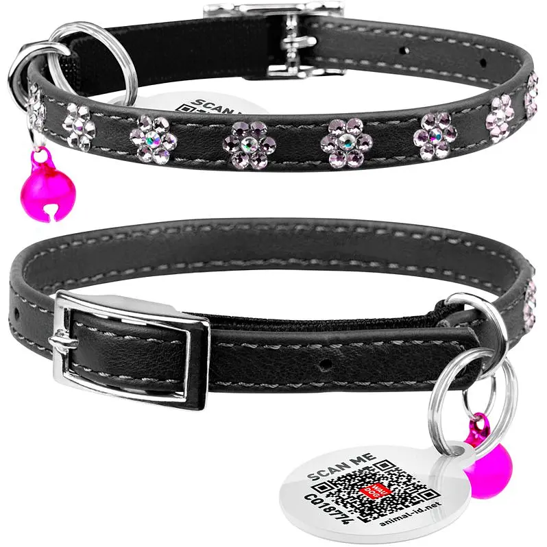 Ошейник для кошек Waudog Glamour Цветочек, кожаный, с эластичной вставкой, со стразами, 22-30х0,9 см, черный - фото 3