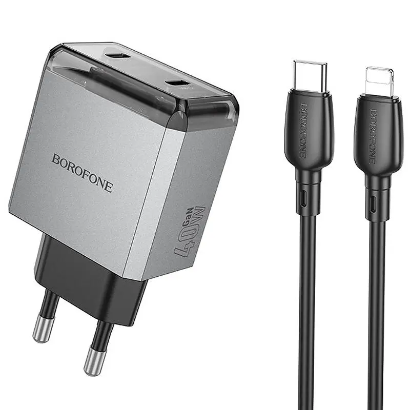 МЗП BN21 Lena PD40W+QC3.0 (2USB-C) + кабель Type-C to Lightning Metal gray Borofone teh0029627