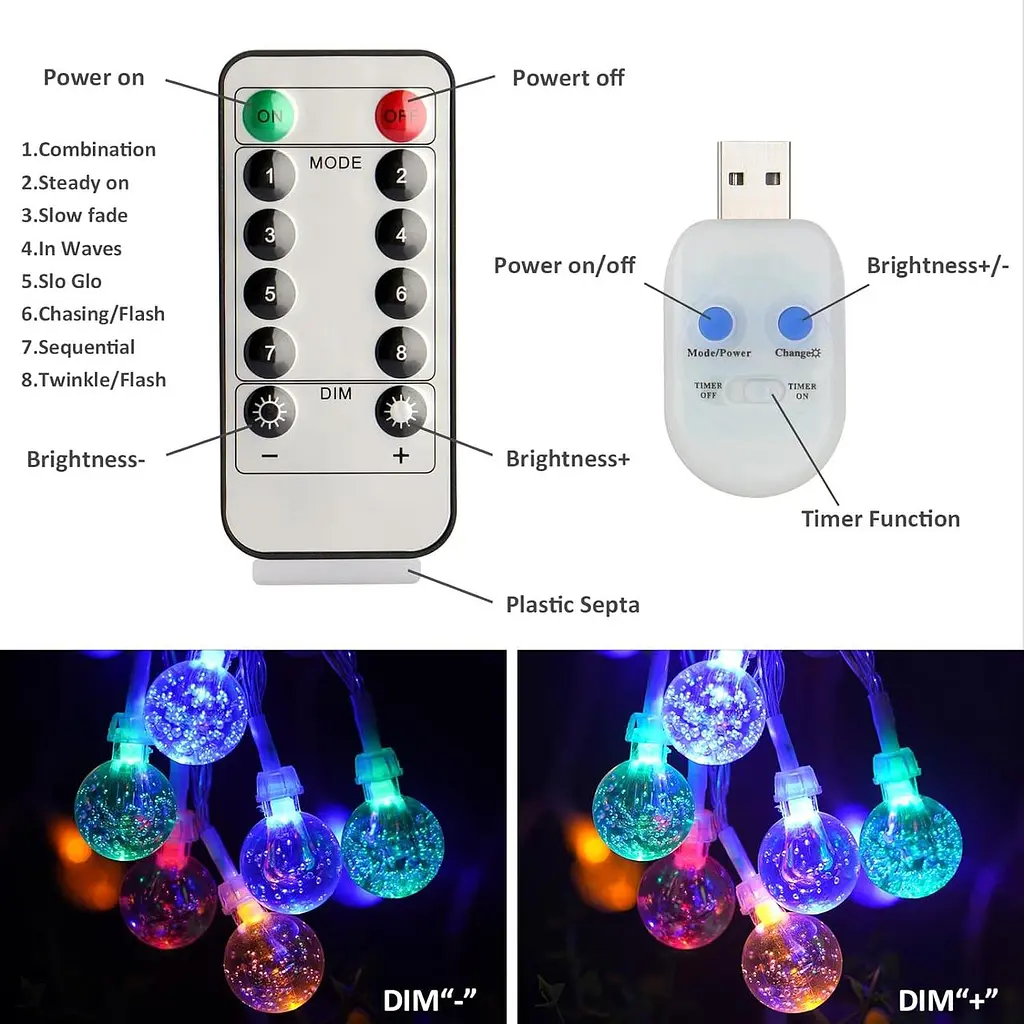 Koopower 30LEDs Globe Fairy Lights, Садові Fairy Lights USB-роз'єм 8 режимів гірлянди кришталеві кульки кулі - фото 3