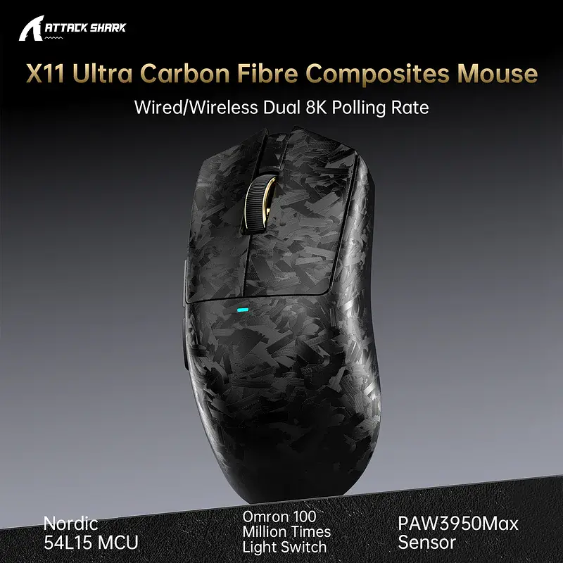 Игровая беспроводная мышка Attack Shark X11 ULTRA / Три режима подключения / Carbon Fiber / Сенсор PAW3950MAX / 42000 DPI / Black - фото 3