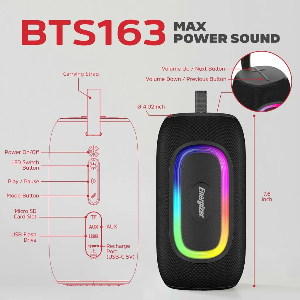 Акустична система 1.0 Energizer 16Вт Bluetooth 5.2/MicroSD/USB/AUX/FM,IPX65, чорна (BTS163) - фото 3