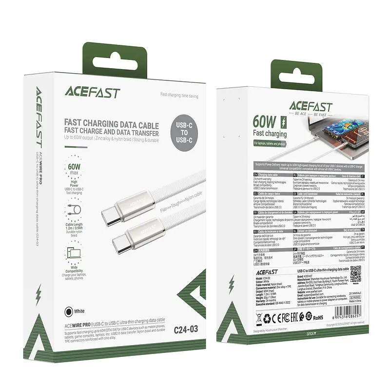 Кабель ACEFAST C24-03, Type-C to Type-C, 60W, 3A, 1.2m, Braided wire, Zinc alloy + TPE connectors, Білий - фото 2