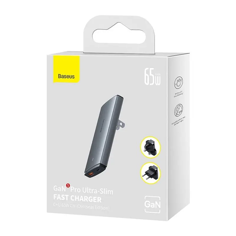 Мережевий зарядний пристрій з кабелем Baseus GaN5 Pro Ultra-Slim Fast Charger C+U 65W Gray((With Mini White Cable C to C 100W(20V/5A) 1m Black) (CCGP150113) - фото 2