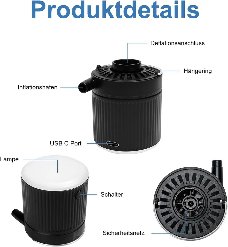 Портативний електричний повітряний насос для надування і здування з батареєю і кабелем USB C - фото 2