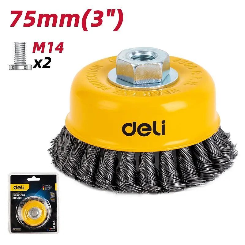 Щітка по металу, посилена, плетений дріт 75 мм, різьба 3 дюйми: M14 x 2 Deli EDH-GSS075-E2 - фото 2