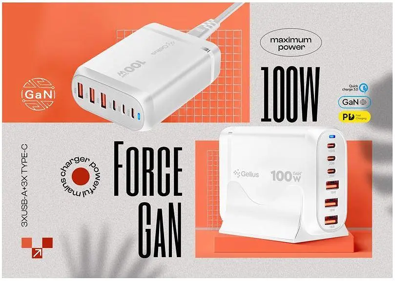 Мережевий зарядний пристрій Gelius Force GaN 100W GP-HC063 3USB-A + 3Type-C - фото 10