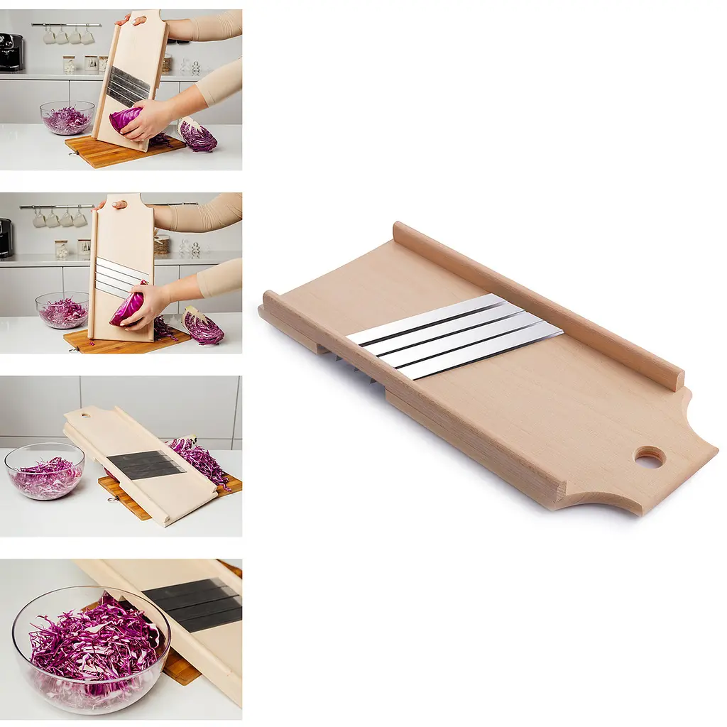 Ручна дерев'яна шатківниця для капусти і нарізки овочів і фруктів з 4 лезами (20*50 см), Wood&Steel Коричневий 83197 - фото 2