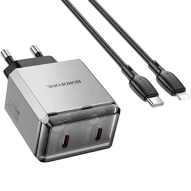 МЗП BN21 Lena PD40W+QC3.0 (2USB-C) + кабель Type-C to Lightning Metal gray Borofone teh0029627 - фото 5