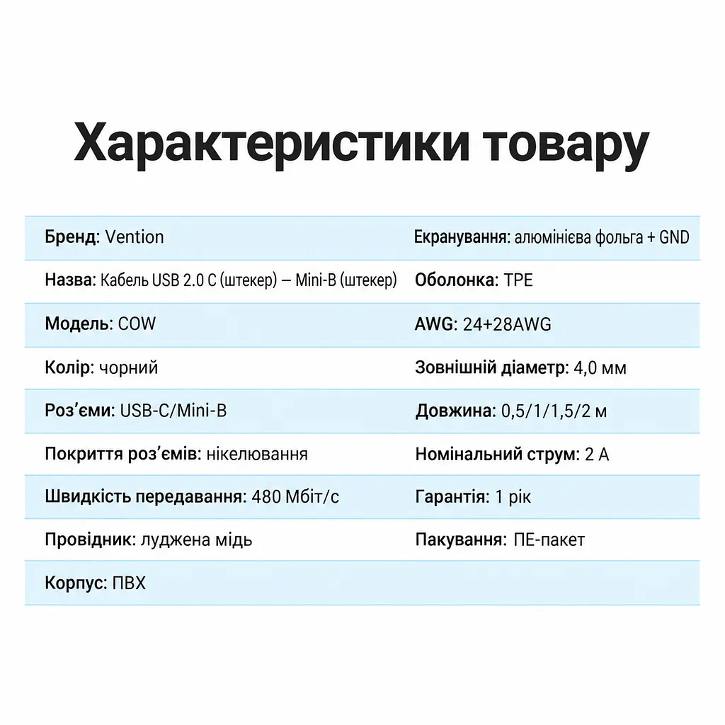 Кабель Vention COWBD USB-C - Mini-USB 0,5 м чорний (COWBD) - фото 9