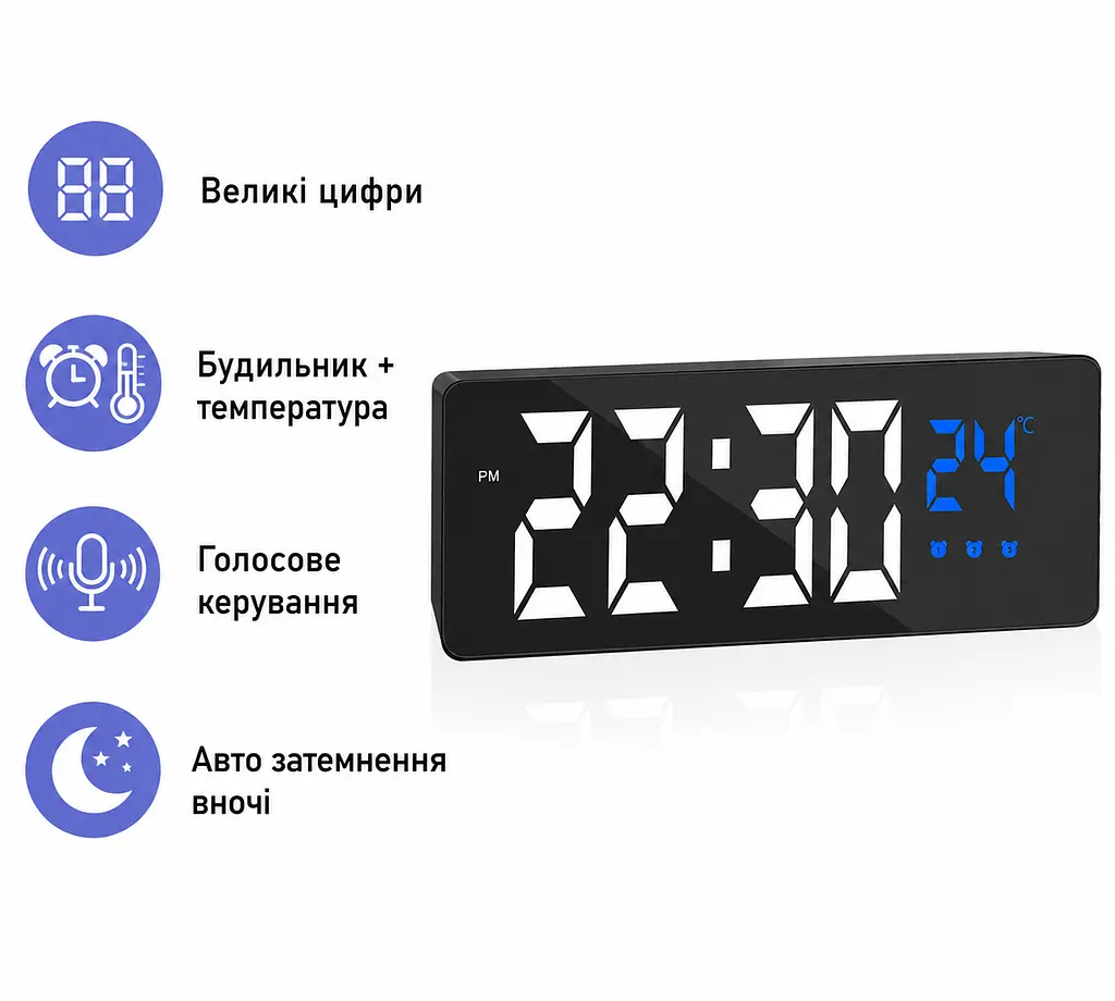 Електронний настільний LED годинник будильник Jsdoin GH 0715L з температурою, голосовим керуванням та автояскравістю чорний (SKU-043) - фото 2