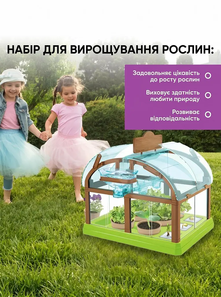 Дитячий набір для вирощування рослин з насінням: Домашня міні-теплиця, 6 видів насіння та інструменти, зелений (4805048197) - фото 4