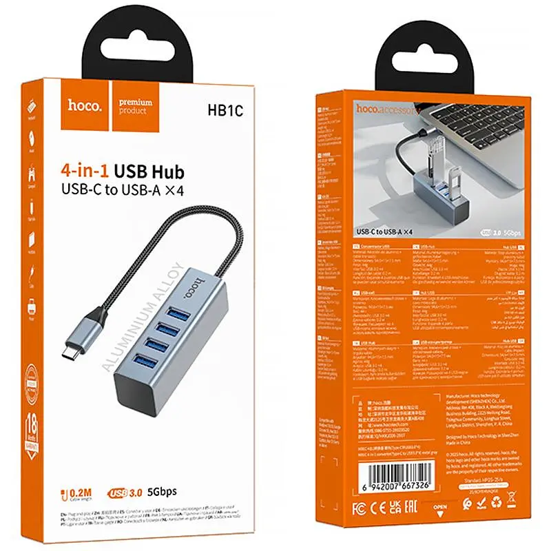 Переходник HUB Hoco HB1C 4-в-1 (Type-C на 4xUSB 3.0) (0,2 м), металлический серый - фото 2