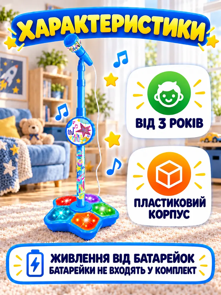 Дитячий мікрофон на регульованій стійці зі світловими ефектами для співу блакитний (37261589) - фото 7