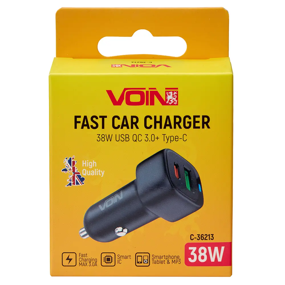 Автомобільний зарядний пристрій VOIN 38W, 1USB QC3.0 18W + 1PD 20W, 12/24V (C-36213) - фото 2