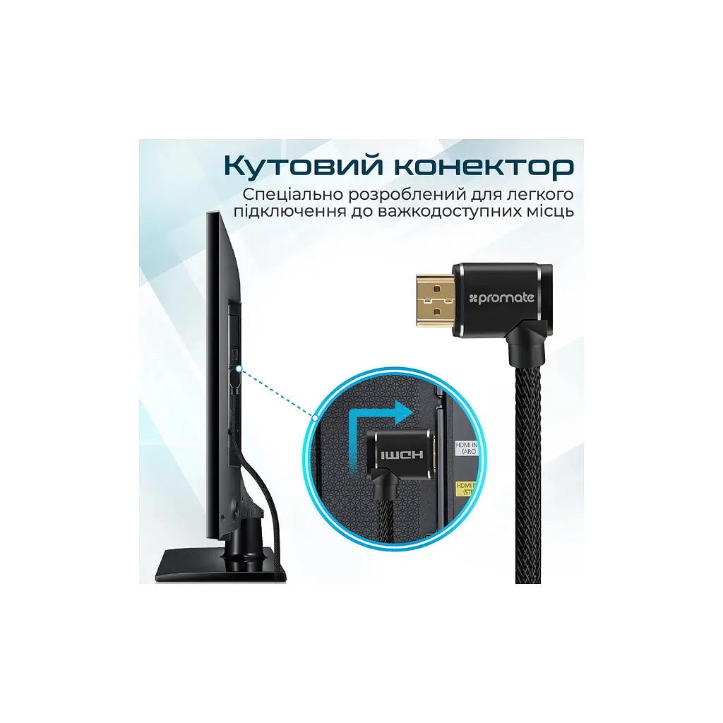 Кабель мультимедійний HDMI M to HDMI M V2.0 5.0m 90° corner Promate (prolink4k1-500.black) - фото 2