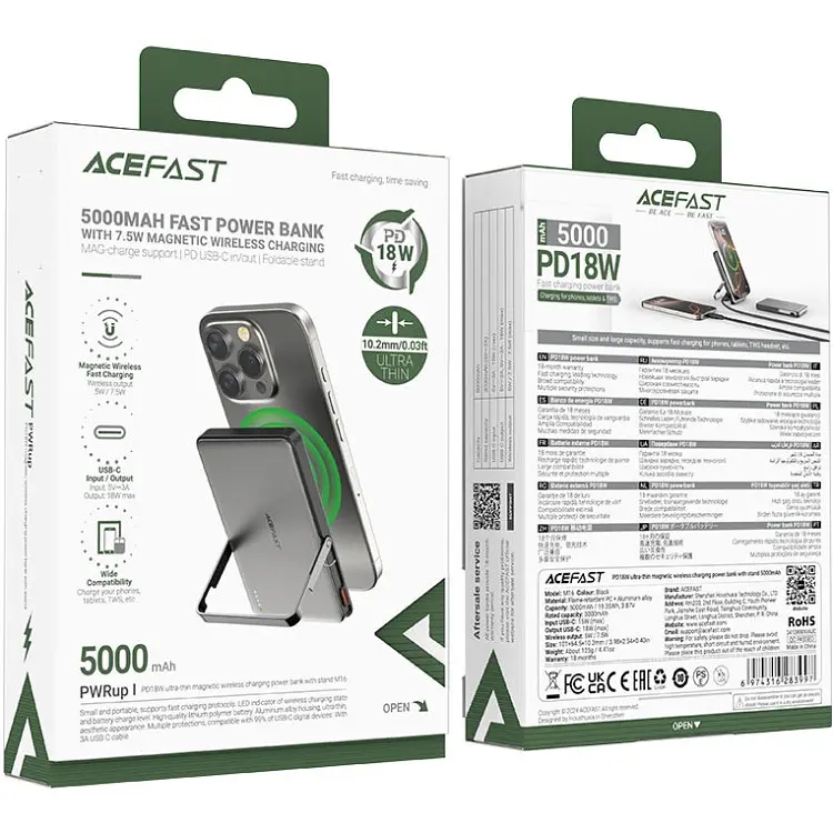 Універсальна мобільна батарея Acefast Magnetic Wireless 5000mAh 18W PD,QC3.0 USB-C In/Out,with holder, ультра тонкий M16 Чорний - фото 5