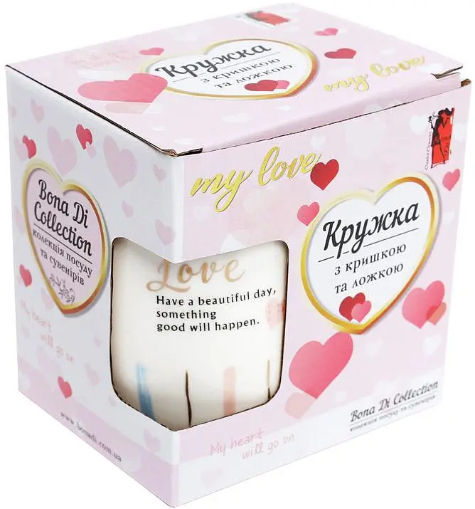 Кружка фарфорова "Girl's heart" з кришкою та ложкою Bona 420 мл kuh0009758 - фото 3