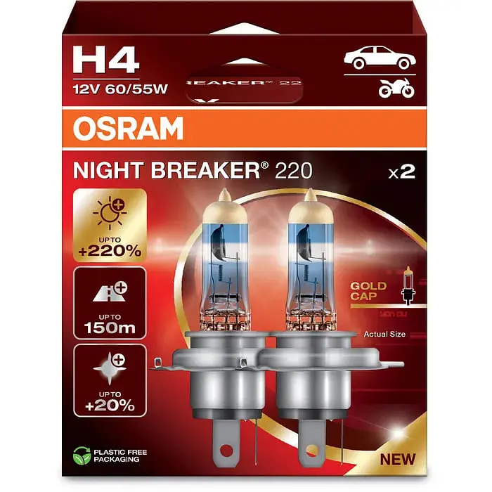 Комплект галогенових ламп Osram 64193NB220-2HB H4 Night Breaker +220% 60/55W 12V P43T (2 шт) - фото 3