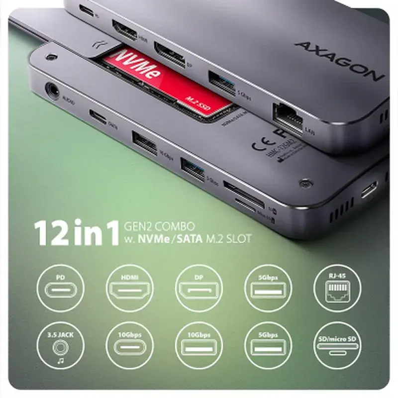 Концентратор AXAGON USB-C 12-in-1 HDMI + DisplayPort + RJ45 1000Mbps + PD100W aluminum gray (HMC-12GM2) - фото 3
