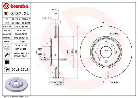 Диск гальмівний вентильований Renault Megane I-II, Megane Scenic 93-25р Brembo (09.8137.24) - фото 2