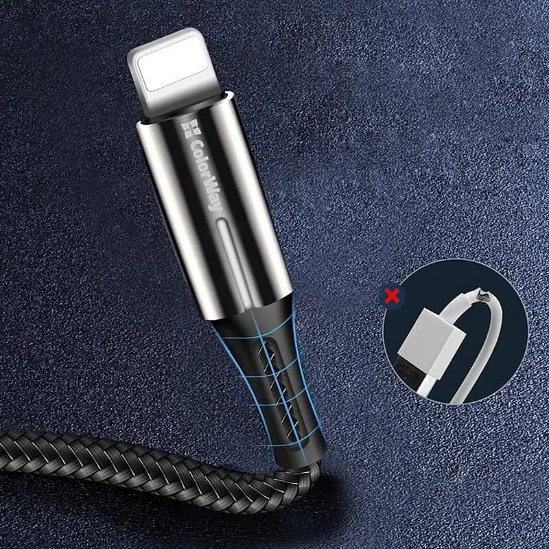Кабель ColorWay USB - Lightning (M/M), 2.4 А, Zinc Alloy + Led, 1 м, Black (CW-CBUL035-BK) - фото 2