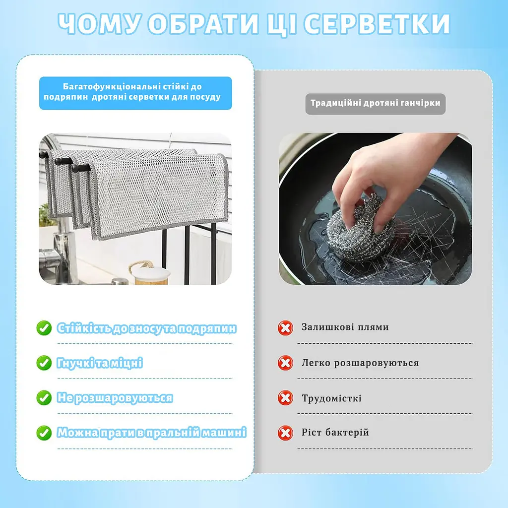 Серветка двошарова багаторазова металева з абразивною сіткою для посуду, скла та меблів 30х30 см Сірий 88109 - фото 8