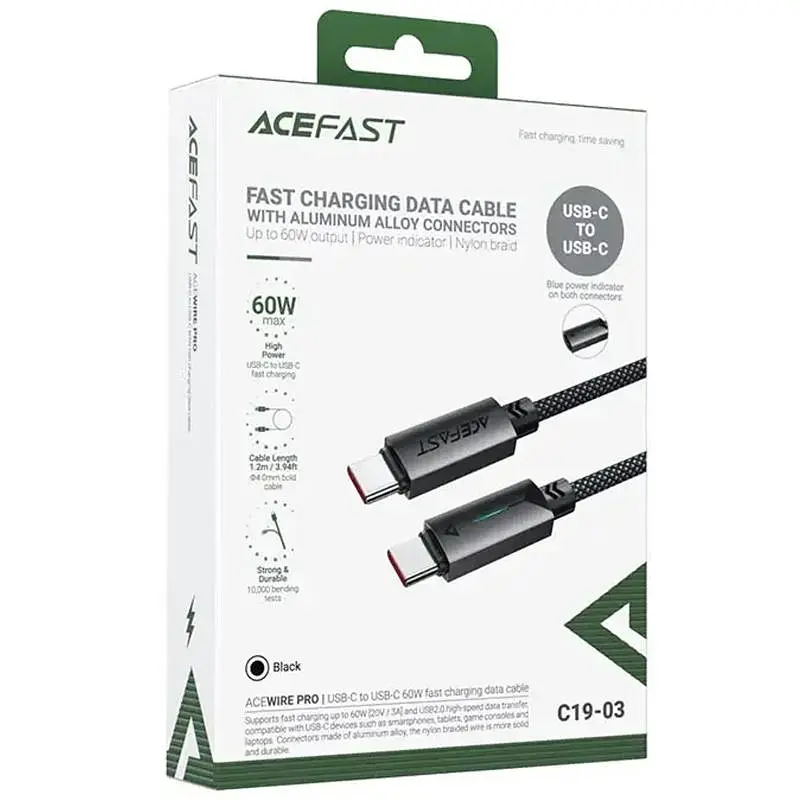 Дата кабель Acefast C19-03 Type-C to Type-C 60W (1.2m) Black - фото 2