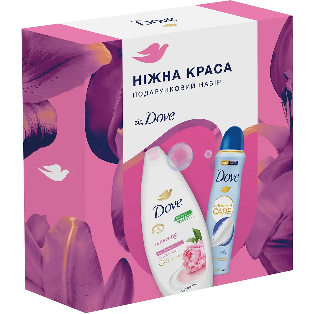 Подарочный набор Dove Нежная красота: Гель для душа с маслом пиона и розы 250 мл + Антиперспирант аэрозоль с тальком 150 мл - фото 2