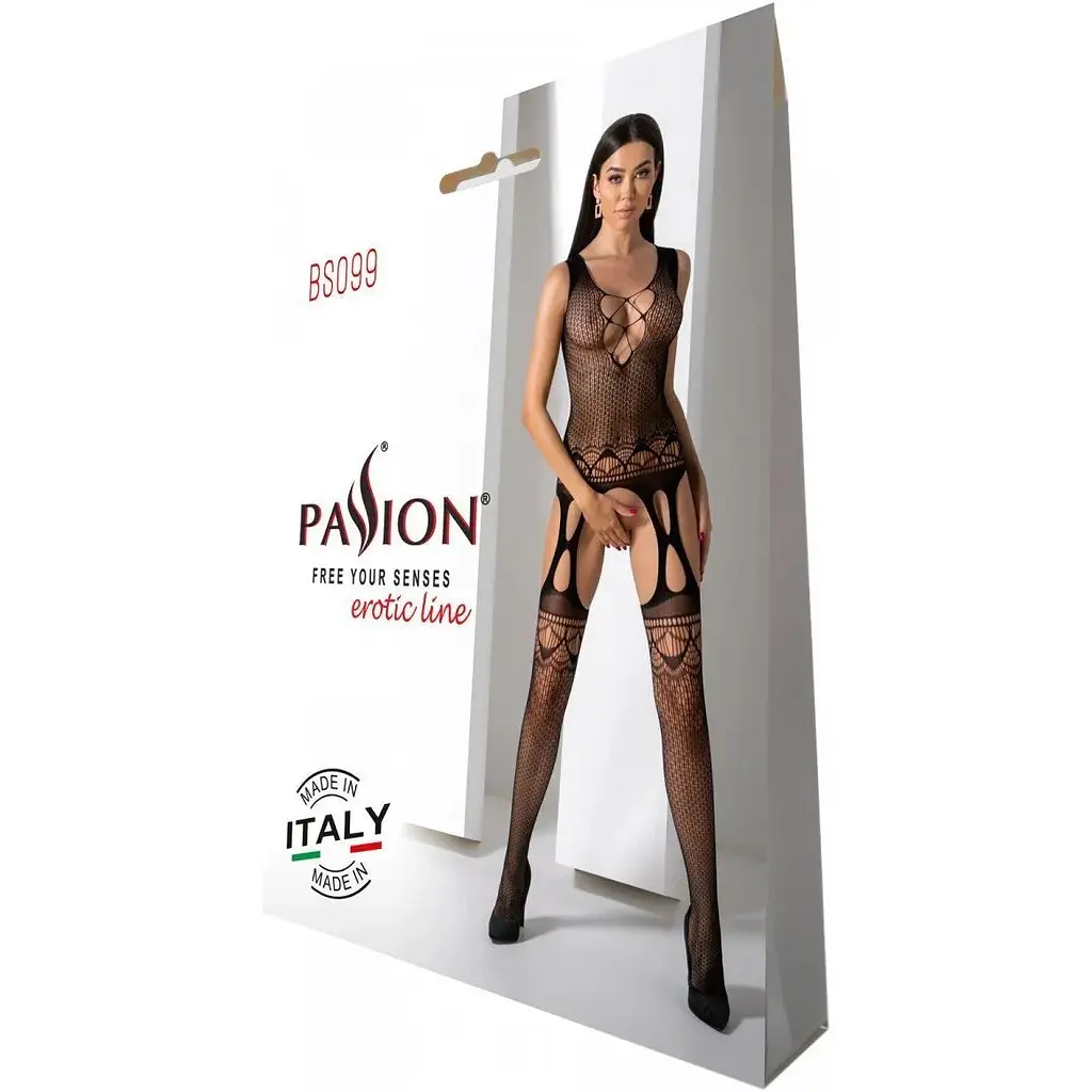 Бодістокінг з плетінням на грудях Passion BS099 One Size, Black, відкритий доступ, імітація підв’язок - фото 6
