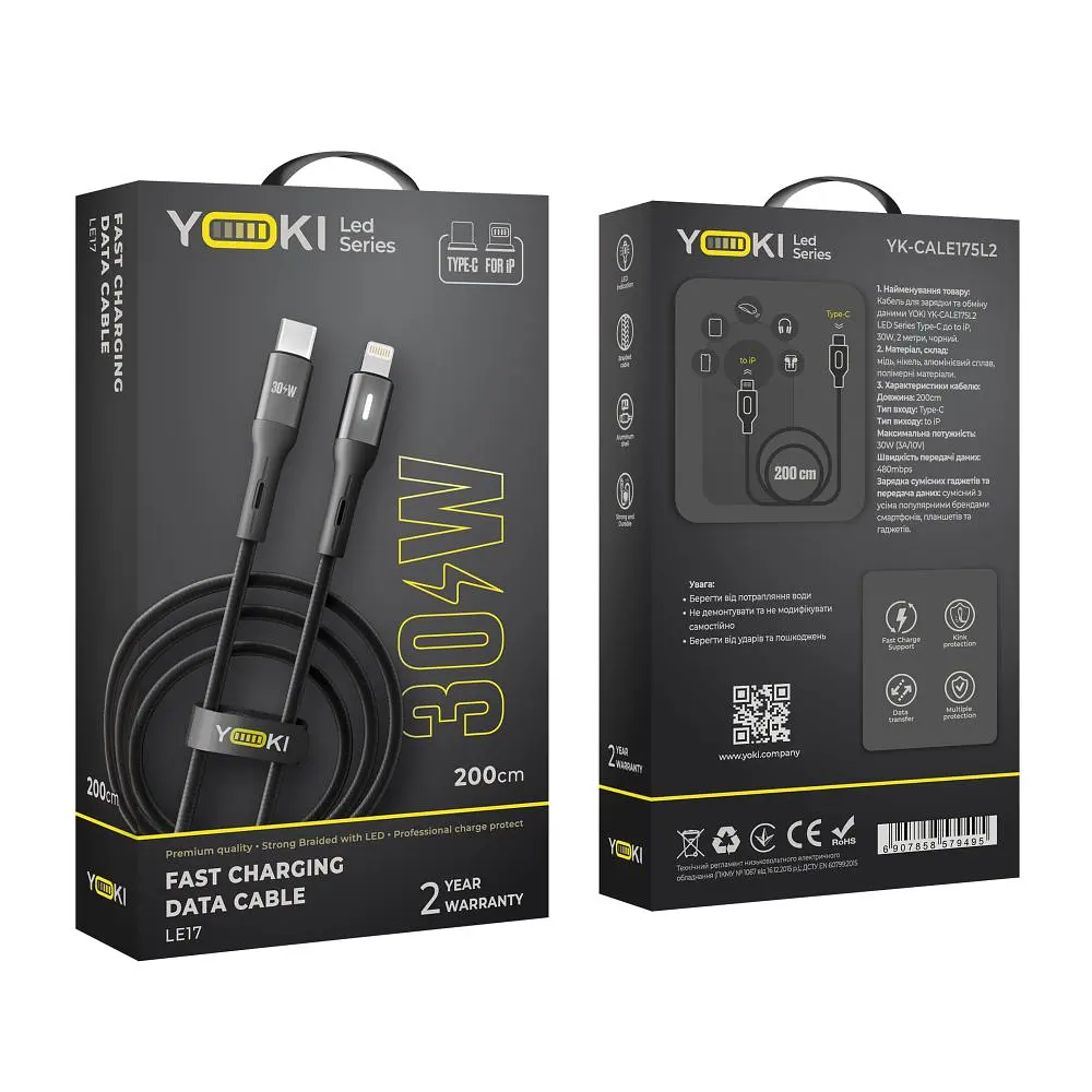 Кабель для заряджання та обміну даними Yoki YK-LE17 LED Series Type-C to Lightning 30W 3A/10V 2 m Black - фото 2