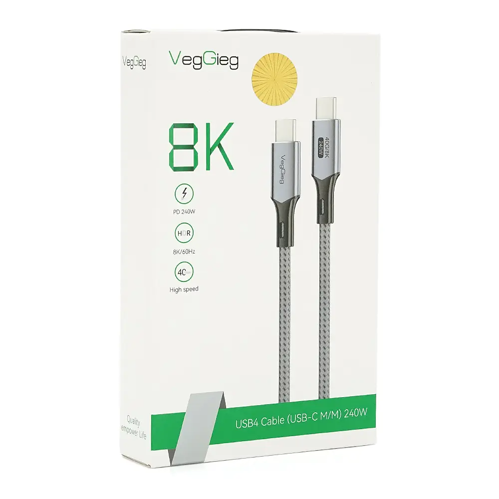 Кабель VEGGIEG V-U410, Type-C(Male) to Type-C(Male) PD cable, 240 Вт, струм 5 А, 40Gbps, Gray, довжина 2м, Box - фото 3