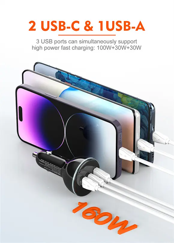Зарядний пристрій для авто Ldnio c102 160 W 2 USB-С + 1 USB-A 3 port car charger адаптер швидкого заряджання - фото 5