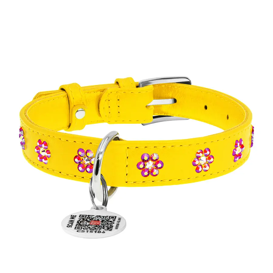 Ошейник для собак кожаный Waudog Glamour с QR-паспортом, с клеевыми стразами «Цветы», Ш 20 мм, Дл 30-39 см - фото 3