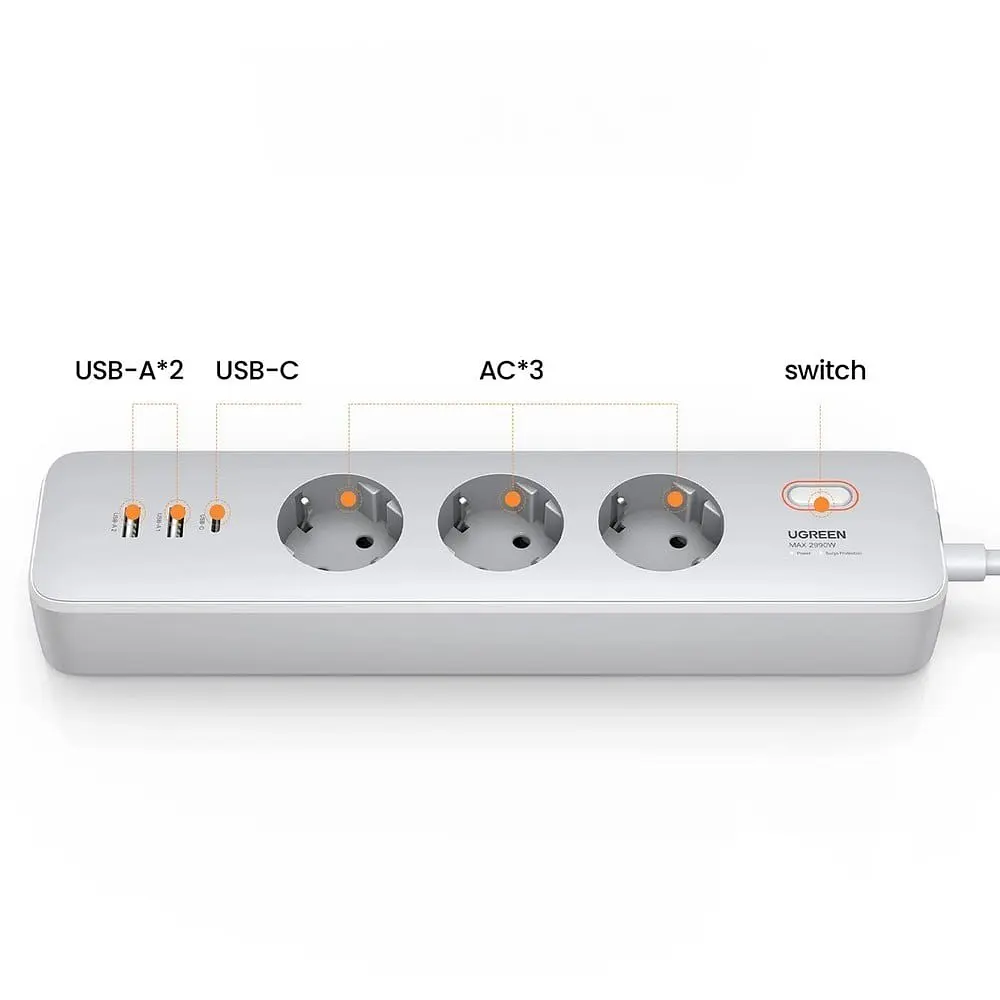 Подовжувач-зарядний пристрій Ugreen CD286 30W 3 AC Power Strip with Master Switch (25357) - фото 2