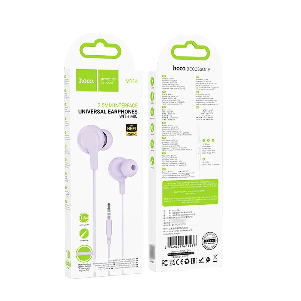 Проводные вакуумные наушники Hoco M114 с микрофоном, 3.5mm, 1.2m, purple - фото 4