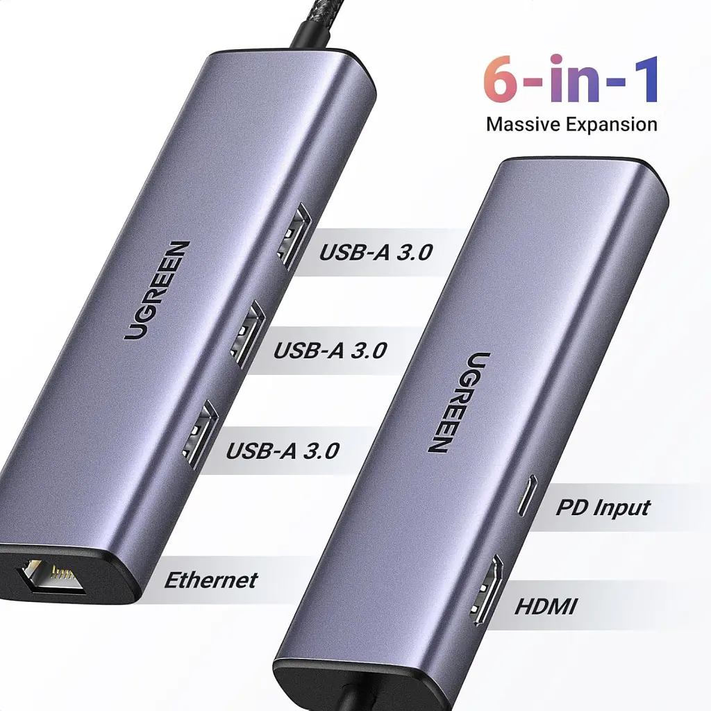 Концентратор Ugreen USB-C 6-in-1 3xUSB 3.0 + HDMI 4K@30Hz + RJ45 1000Mbps + PD silver (15598) - фото 3